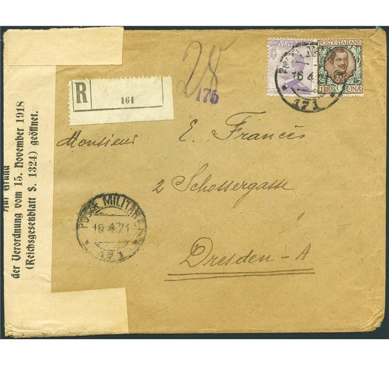 Uff. Post. all'Estero - Levante - Smirne - 10/4/1921 - Raccomandata in tariffa da Smirne per la Germania  (Dresda) affrancata co