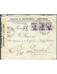 Uff. Post. all'Estero - Levante - Smirne - 19/5/1921 - Raccomandata in tariffa da Smirne per la Germania (Dresda) affrancata con
