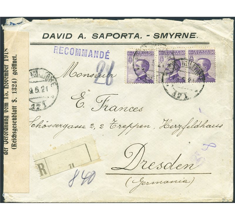 Uff. Post. all'Estero - Levante - Smirne - 19/5/1921 - Raccomandata in tariffa da Smirne per la Germania (Dresda) affrancata con