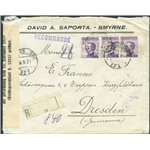 Uff. Post. all'Estero - Levante - Smirne - 19/5/1921 - Raccomandata in tariffa da Smirne per la Germania (Dresda) affrancata con