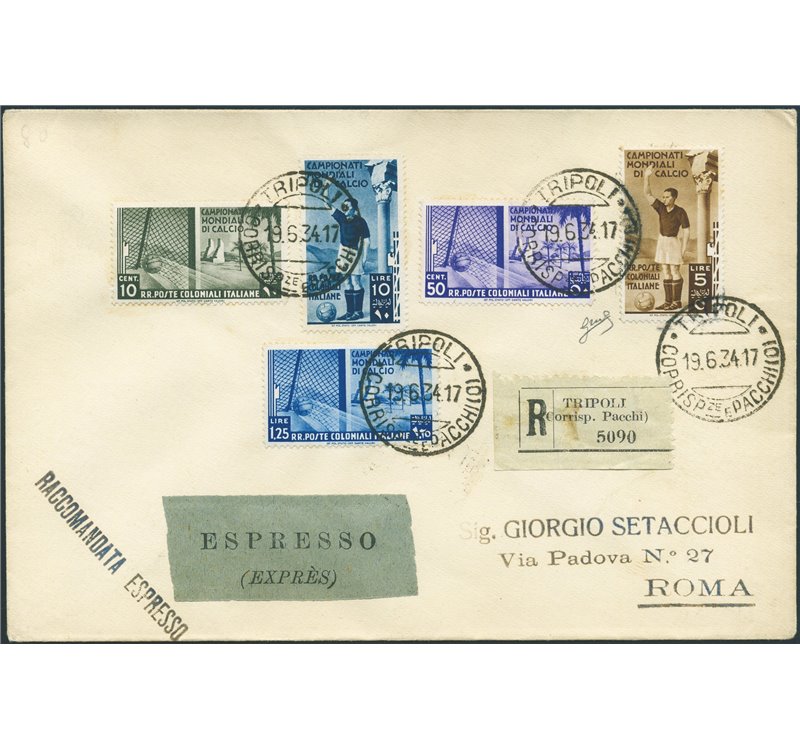 Colonie Italiane - Emissioni Generali - 19/6/1934 -  Lettera filatelica raccomandata espresso da Tripoli per Roma affrancata con