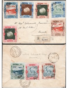 Colonie Italiane - Eritrea - 13/11/1934 - Aerogramma raccomandato da Messaua per Caserta affrancato con serie “Mostra d'Arte Col