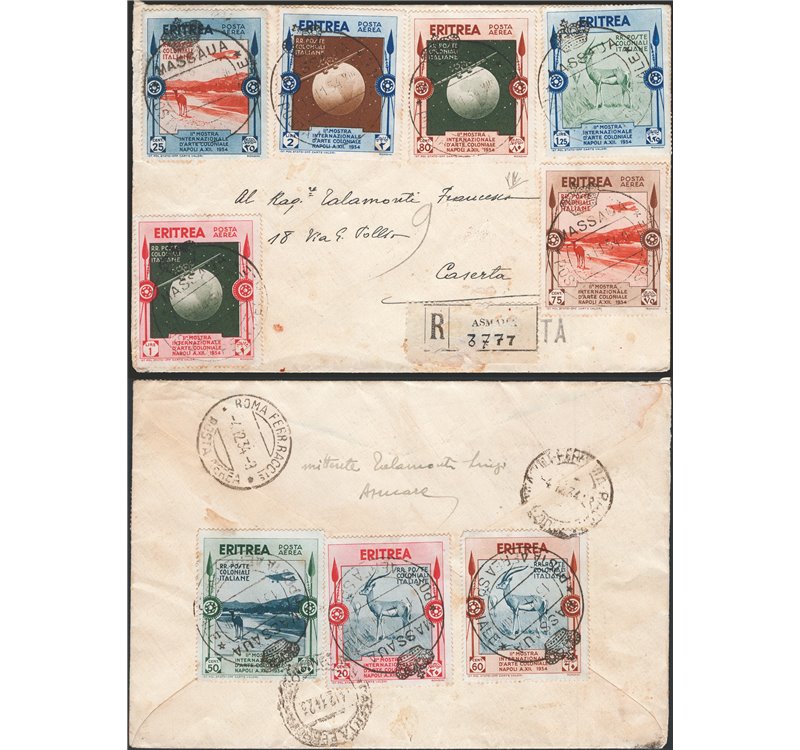 Colonie Italiane - Eritrea - 13/11/1934 - Aerogramma raccomandato da Messaua per Caserta affrancato con serie “Mostra d'Arte Col