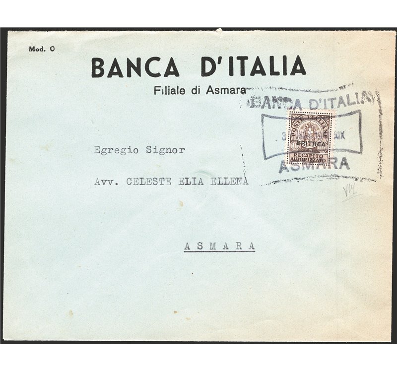 Colonie Italiane - Eritrea - 30/3/1941 - Lettera da Asmara per città. Banca d'Italia recapito a clienti e dipendenti, affrancata