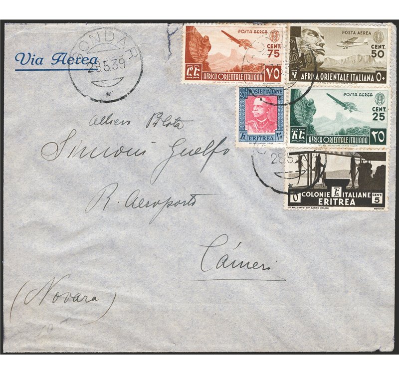 Colonie Italiane - A.O.I. - 28/5/1938 - Lettera via aerea in tariffa da Gondar per Cameri (Novara) affrancata con A.O.I.: P.A: 2