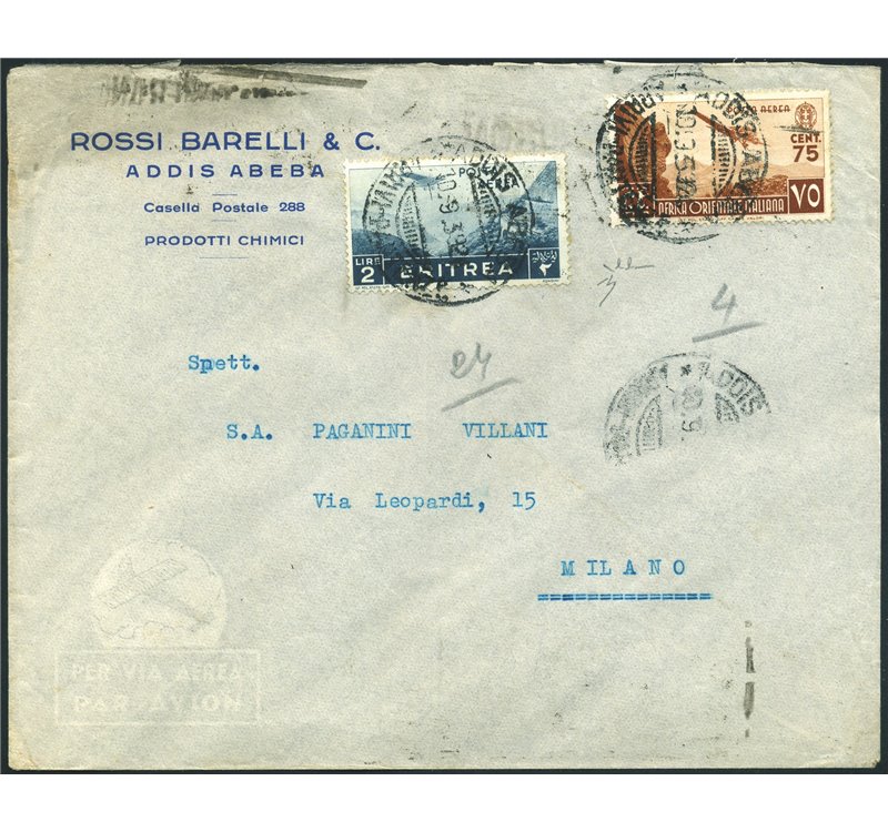 Colonie Italiane - A.O.I. - 10/9/39 - Lettera per via aerea da Addis Abeba per Milano viaggiata in tariffa ed affrancatura con 7