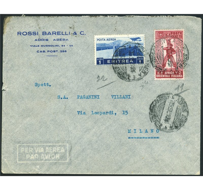 Colonie Italiane - A.O.I. - 15/9/1939 - Lettera via aerea in tariffa da Addis Abeba per Milano affrancata con A.O.I. 75 c. (n° 1