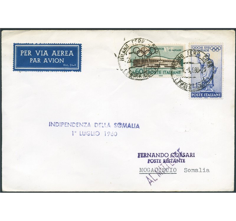 Occup. Straniere delle Colonie - Somalia Afis - 1/7/1960 - Lettera del 28/6/1960 da Milano per Mogadiscio rispedita al mittente 