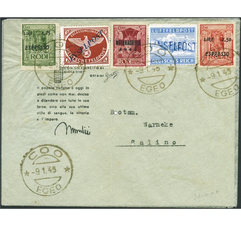 Occup. Straniere delle Colonie - Occupaz. Britannica - Egeo - 9/1/1945 - Lettera da Coo per Calino affrancata filatelicamente co