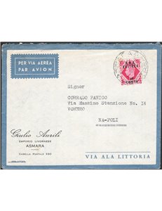 Occup. Straniere delle Colonie - Occupaz. Britannica - Eritrea - 25/8/1949 - Lettera per via aerea da Asmara per Napoli, affranc
