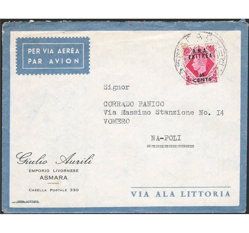 Occup. Straniere delle Colonie - Occupaz. Britannica - Eritrea - 25/8/1949 - Lettera per via aerea da Asmara per Napoli, affranc