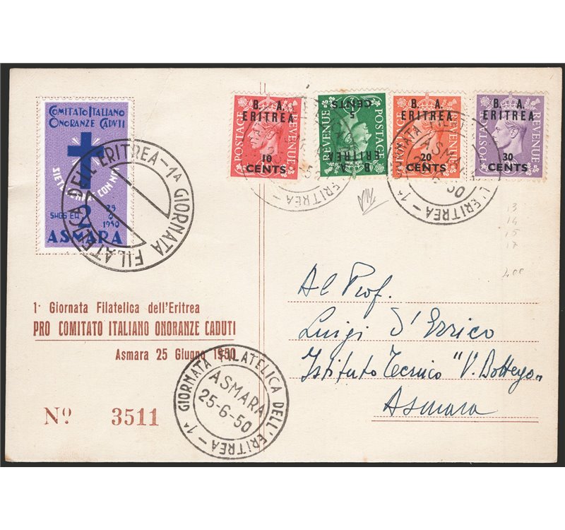 Occup. Straniere delle Colonie - Occupaz. Britannica - Eritrea - 25/6/1950 - Cartolina da Asmara per città affrancata con franco