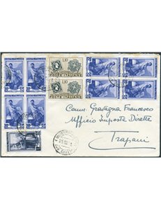 Italia Repubblica - 24/10/1951 - Lettera da Palermo per Trapani affrancata in tariffa con Italia al Lavoro 50 c. x8 + 1 £ + Cent