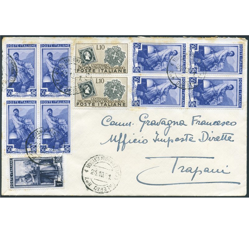 Italia Repubblica - 24/10/1951 - Lettera da Palermo per Trapani affrancata in tariffa con Italia al Lavoro 50 c. x8 + 1 £ + Cent