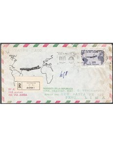 Italia Repubblica - 06/04/1961 - Visita del Presidente Gronchi in Perù raccomandata da Roma per Lima affrancata con 205 £ lilla 