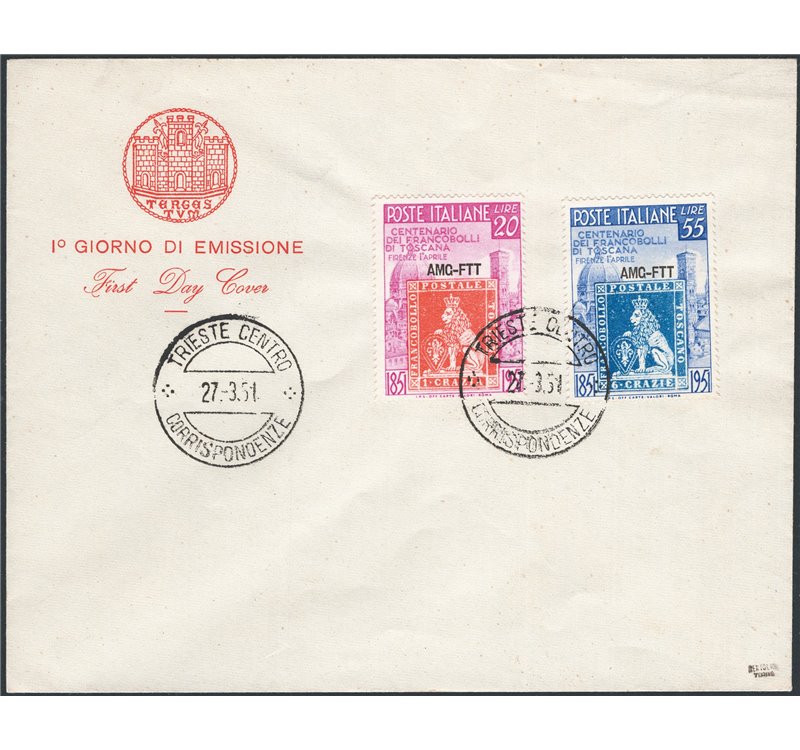 Trieste A - 27/3/1951 - Toscana la serie su FDC, n° 108/09. Cat. € 150 