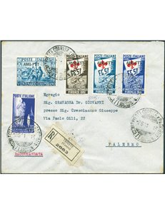 Trieste A - 2/6/1951 - Raccomandata da Trieste per Palermo affrancata con serie Ginnici + 20 £ Colombo + 20 £ Tessile per un imp