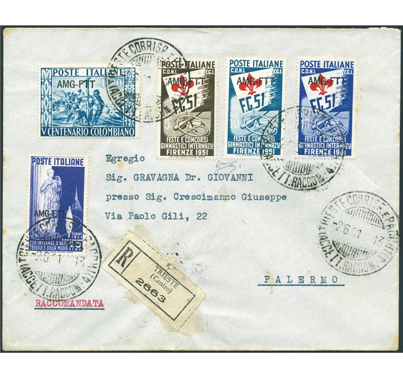 Trieste A - 2/6/1951 - Raccomandata da Trieste per Palermo affrancata con serie Ginnici + 20 £ Colombo + 20 £ Tessile per un imp