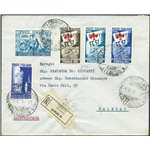 Trieste A - 2/6/1951 - Raccomandata da Trieste per Palermo affrancata con serie Ginnici + 20 £ Colombo + 20 £ Tessile per un imp