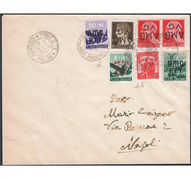 Trieste A - 13/4/1952 - Lettera da Trieste per Napoli affrancata con Venezia Giulia 10 c. + 20 c. x2 con sovrastampa capovolta +