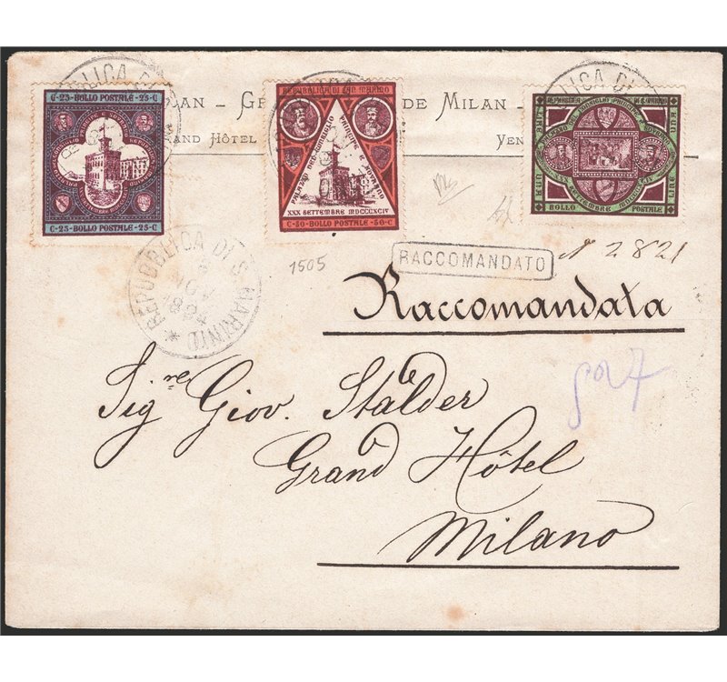 San Marino - 8/11/1894 - Raccomandata da S. Marino per Milano affrancata con serie “Palazzo del Governo”. Al verso timbro d'arri