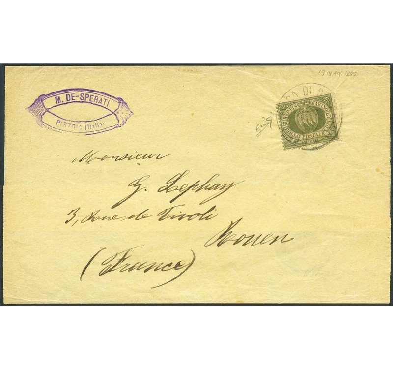 San Marino - 19/5/1895 - Fascetta di Giornale, da S. Marino per Rouen (Francia) spedita dalla ditta "M. De Sperati" fondata dal 
