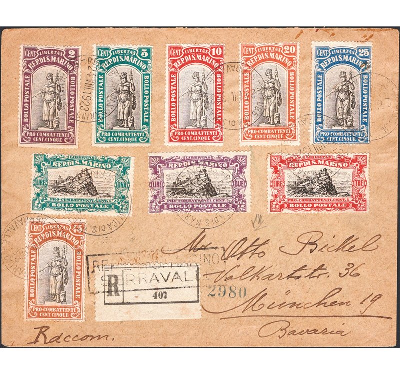 San Marino - 24/8/1923 - Raccomandata da S. Marino per Monaco (Germania) affrancata con serie “Pro Combattenti”, n° 54/62. Al ve