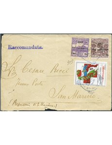 San Marino - 12/2/1918 - Raccomandata fermo posta da San Marino per città affrancata con serie "Pro combattenti" del 1917 n° 51/
