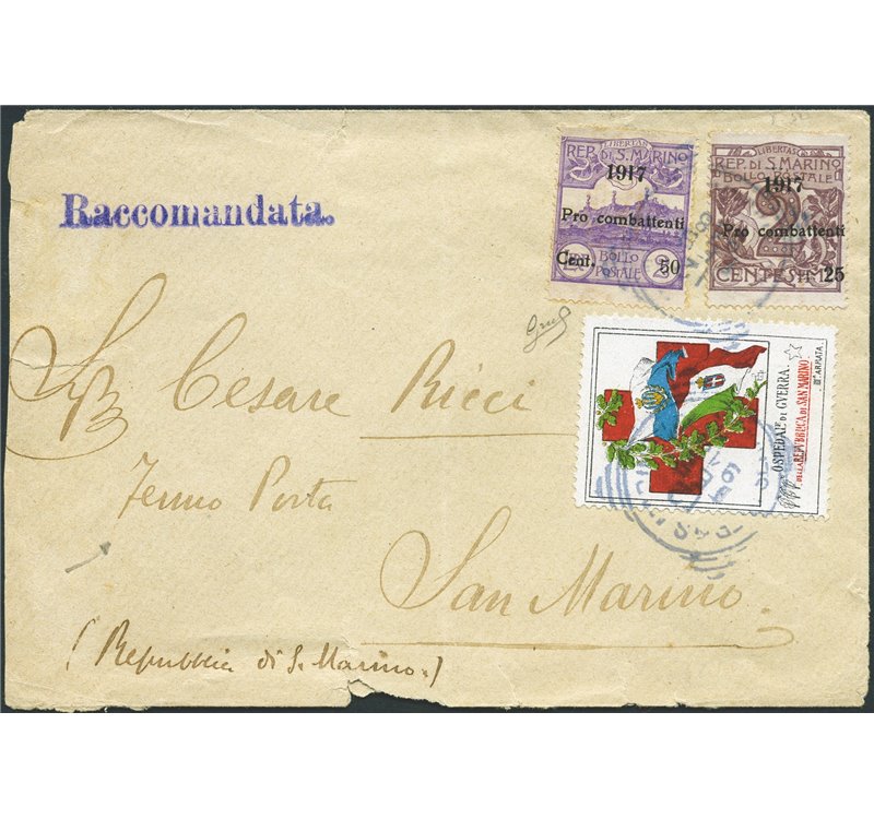 San Marino - 12/2/1918 - Raccomandata fermo posta da San Marino per città affrancata con serie "Pro combattenti" del 1917 n° 51/