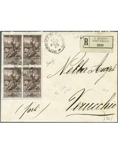 San Marino - 11/8/1923 - Raccomandata da S. Marino per Rimini affrancata con quartina del Mutuo soccorso n° 89, il primo giorno 