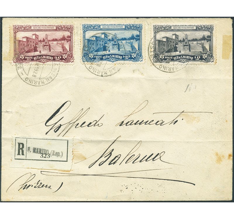 San Marino - 7/1/1928 - Raccomandata filetelica da S. Marino per Balerna (Svizzera) affrancata con serie "Ara dei volontari" n°1