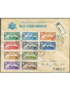 San Marino - 11/6/1931 - Lettera raccomandata da S. Marino per Parma affrancata con serie P.A. Vedute annullata il primo giorno 