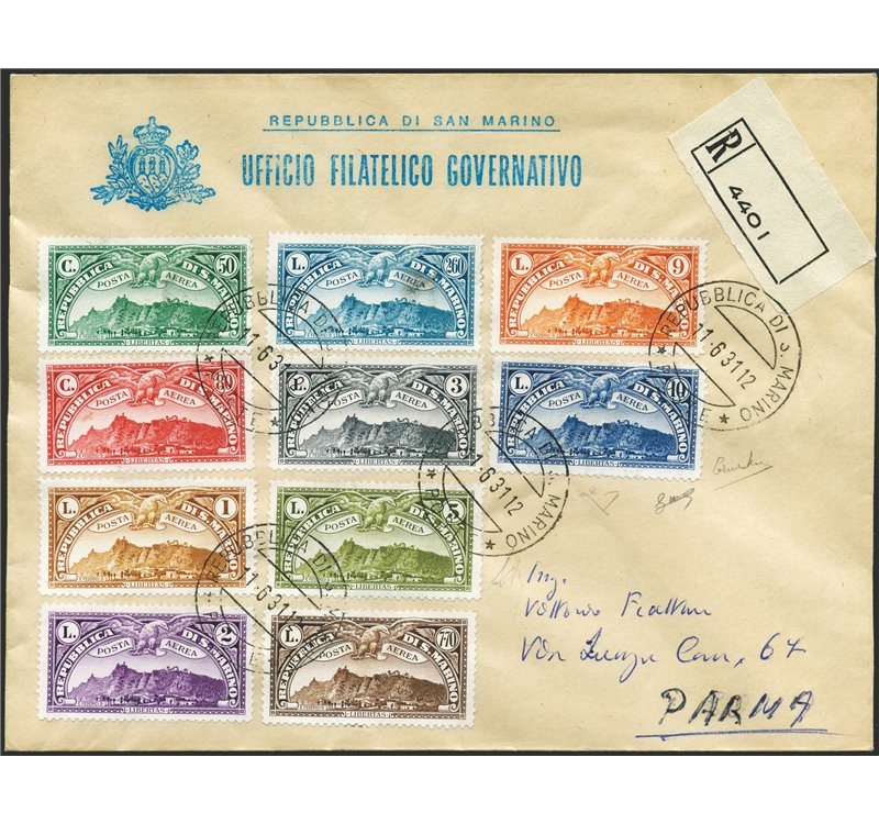 San Marino - 11/6/1931 - Lettera raccomandata da S. Marino per Parma affrancata con serie P.A. Vedute annullata il primo giorno 