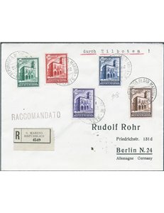 San Marino - 1932 - Raccomandata per Berlino di matrice filatelica affrancata con serie Palazzetto della Posta n° 159/63, in ott