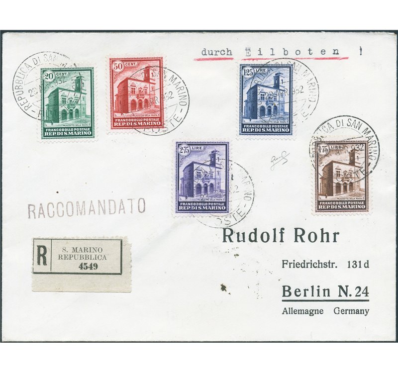 San Marino - 1932 - Raccomandata per Berlino di matrice filatelica affrancata con serie Palazzetto della Posta n° 159/63, in ott