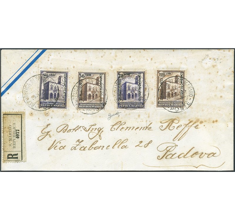 San Marino - 28/5/1933 - Raccomandata da S. Marino per Padova affrancata con serie "Convegno Filatelico" ed annullata il 1° gior