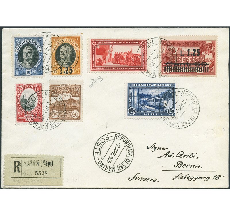 San Marino - 2/4/1935 - Raccomandata da S. Marino per Berna (Svizzera) affrancata con Onofri 40 c. + Vedute 40 c. bruno  + Onofr