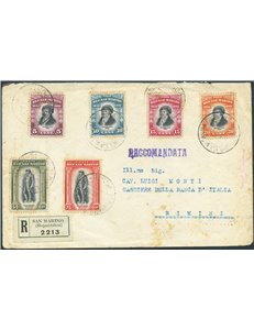 San Marino - 26/11/1935 - Raccomandata da S. Marino per Rimini affrancata in tariffa (1,75 £) con serie Delfico: 5 c. + 10 c. + 