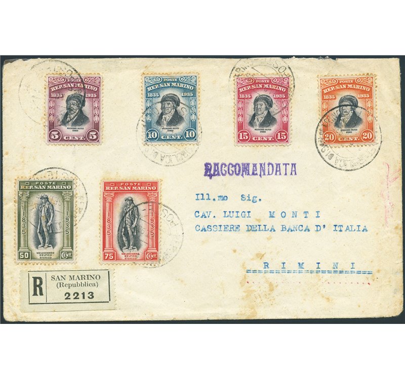 San Marino - 26/11/1935 - Raccomandata da S. Marino per Rimini affrancata in tariffa (1,75 £) con serie Delfico: 5 c. + 10 c. + 