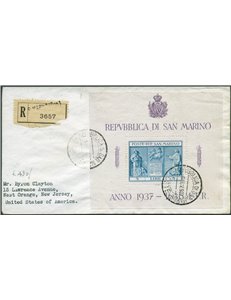 San Marino - 6/11/1937 - Raccomandata da S. Marino per West Orange (U.S.A.) affrancata con foglietto, ridotto in dimensione este