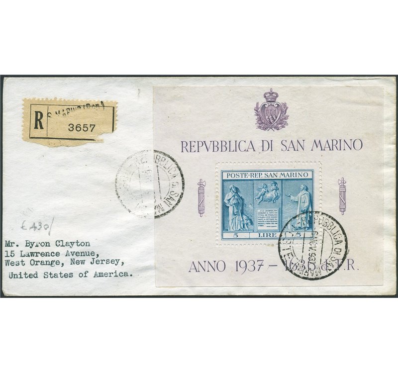 San Marino - 6/11/1937 - Raccomandata da S. Marino per West Orange (U.S.A.) affrancata con foglietto, ridotto in dimensione este