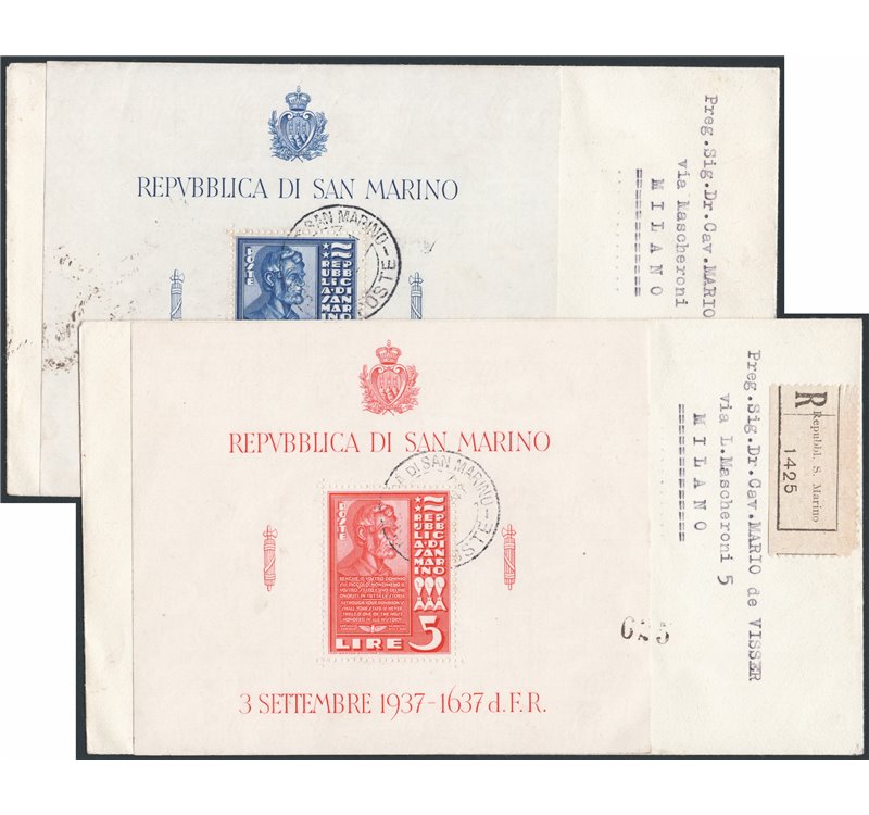San Marino - 7/11/1941 - Due raccomandate da S. Marino per Milano affrancate con i due foglietti "Lincoln" per nulla facili da r