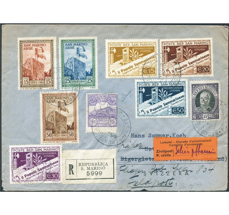 San Marino - 7/5/1943 - Raccomandata in tariffa per la Svizzera affrancata con: Vedute 25 c. violetto + Onofri 45 c. violetto e 
