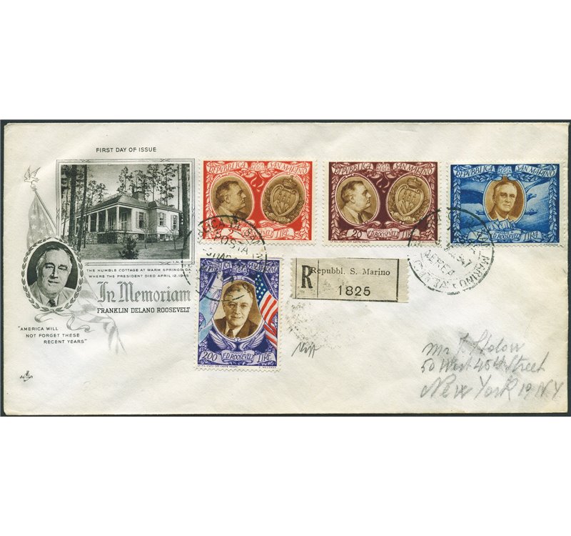 San Marino - 3/5/1947 - Tre raccomandate da S. Marino per New York affrancate con serie completa n° 301/6 + P.A. 61/68 "Omaggio 