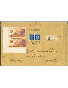 San Marino - 13/12/1947 - Raccomandata di grande formato da S. Marino per Ginevra (Svizzera) affrancata in tariffa con coppia an