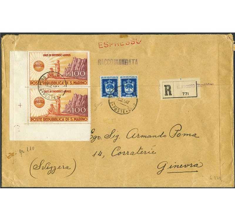 San Marino - 13/12/1947 - Raccomandata di grande formato da S. Marino per Ginevra (Svizzera) affrancata in tariffa con coppia an