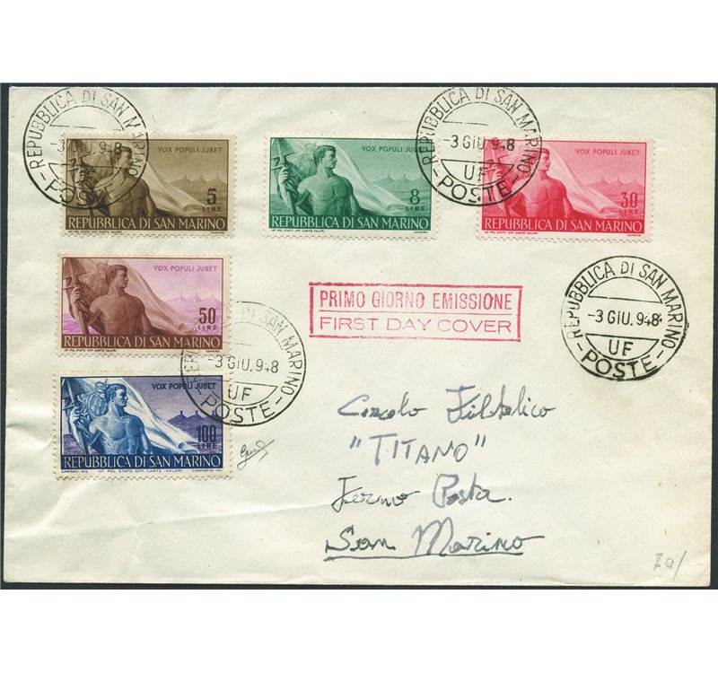 San Marino - 3/6/1948 - Lettera da S. Marino per città affrancata con serie " Lavoratori” n° 336/40 ed annullata il 1° giorno d'