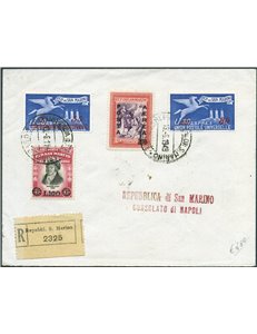 San Marino - 13/6/1949 - Raccomandata da S. Marino per Napoli affrancata con Delfico soprast. 200 £ + Espressi 35 £ su 30 e 80 £