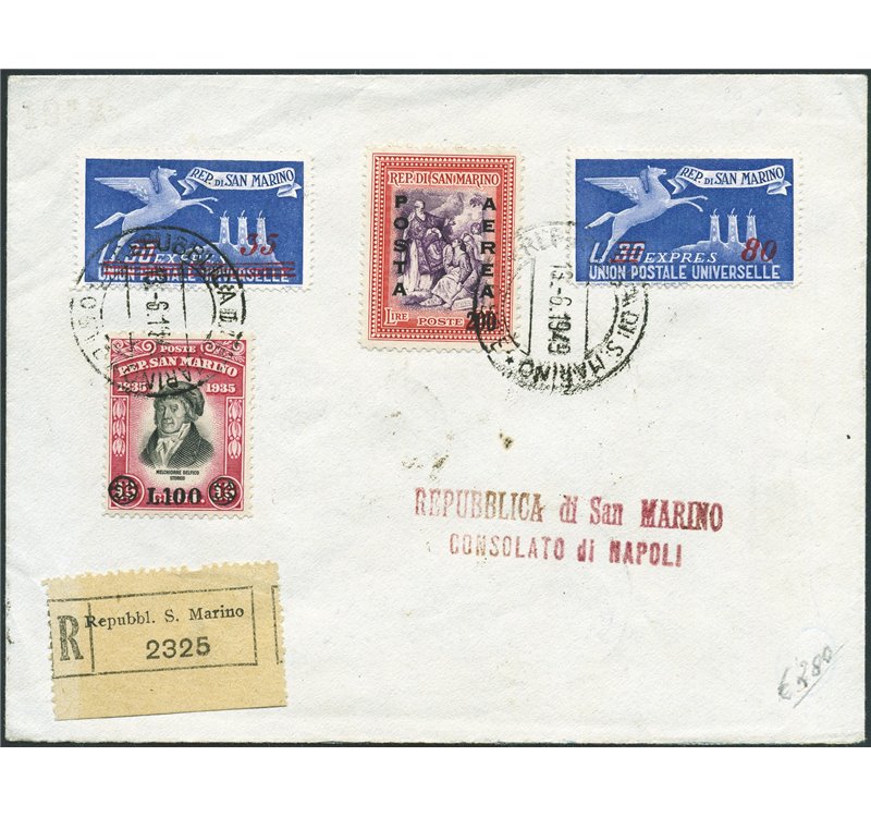 San Marino - 13/6/1949 - Raccomandata da S. Marino per Napoli affrancata con Delfico soprast. 200 £ + Espressi 35 £ su 30 e 80 £