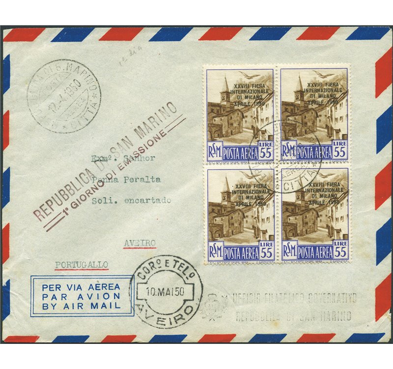 San Marino - 12/4/1950 - Tre lettere da S. Marino per Aveiro (Portogallo) affrancate ciascuna con un valore in quartina della se